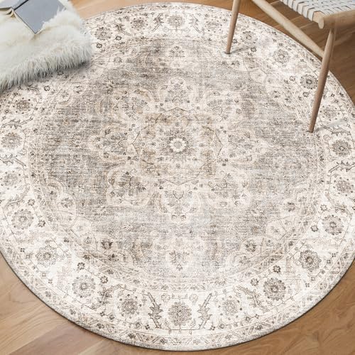 ReaLife Rugs Machine Washable Area Rug - Living Room Bedroom Bathroom Kitchen Entryway Office - Padded Low Pile Stain Resistant Premium - Boho Farmhouse Vintage - Joy - Beige Ivory 4' Round by ReaLifeRugs
