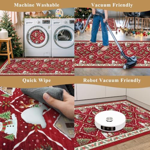 3-Piece Plaid Christmas Decorations Kitchen Rugs Set: Washable Non-Slip Kitchen Mat for Floor Soft Low Pile Modern Runner Rug for Sink Floor Mats ＆Indoor, Hallway, Entryway, (Red/Green) - Image 4
