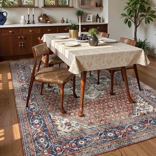 Washable Area Rug 6' x 9' Vintage Traditional Persian Mat - Foldable Distressed Non-Slip Machine Washable Carpet for Living Room Bedroom Kitchen Home Decor - Terracotta and Navy - Image 3