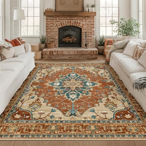 RELEANY Washable Area Rug, Square 8'x8', Red/Orange/Blue/Brown by RELEANY