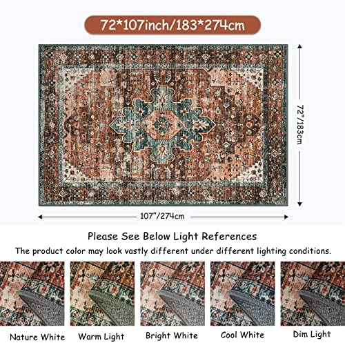 Moynesa Ultra-Thin Vintage Area Rug - 6x9 Washable Bedroom Rug Large Living Room Rug Non-Slip Dining Room Mat, Oriental Printed Low Pile Nursery Carpet for Office Kitchen Entryway, Brick Red/Dull Teal - Image 2