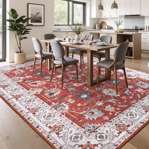 Hanples 9x12 Area Rugs for Living Room, Washable Rug Vintage Floral, Red - Image 4