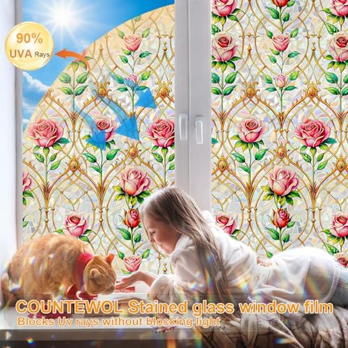 Countewol Stained Glass Privacy Window Film Static Cling Window Film Anti-Glare UV Protection Removable Decorative Window Clings for Home（Vintage Rose 78.7" L*23.6" W） - Image 4
