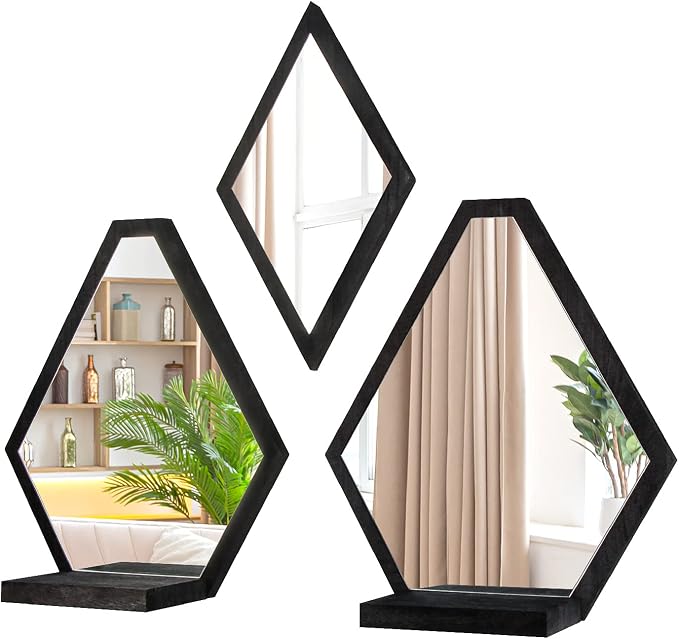 JACKCUBE Design Wall Mount Decorative Mirrors- Set of 3, Geometric Rustic Wood Real Mirror with Shelf for Bedroom, Bathroom, Living Room, Kitchen Wall Art Décor- MK689A by JACKCUBEDESIGN