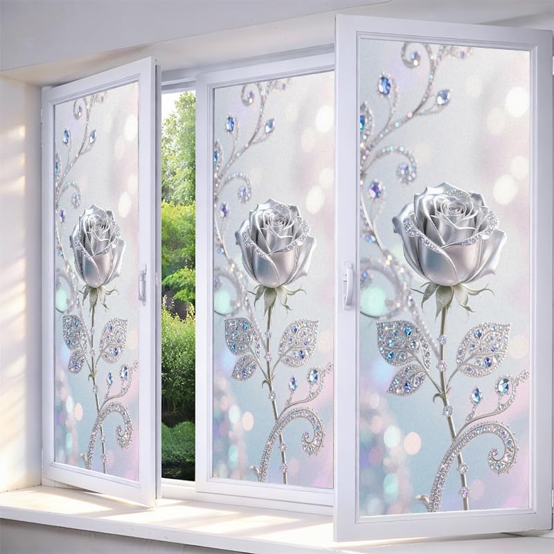IVN Stained Glass Window Film Silver Rose 17.7x39.3 in Window Privacy Film by IVN
