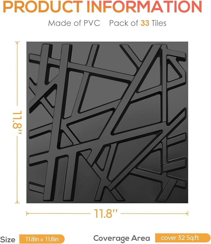 LEVOWAY 33 Pack 3D Wall Panels for Interior Wall Decor, 11.8''x11.8'' Black Accent Textured Wall Panels, Wall Covering Panles for Living Room, Gaming Room, TV Background, Cover 32 Sq.Ft - Image 5