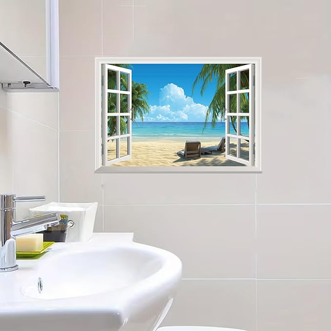 Fake Window Wall Mural Summer Blue Sky White Beach (48"x32") | Peel and Stick Faux Window Wall Sticker Decal Poster for Bedroom Home Decor - Image 6