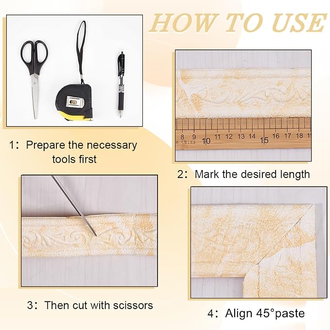CRASPIRE 90x1.8in Peel Stick Foam Crown Molding Baseboard Trim Yellow White Marble Self Adhesive Flexible Mirror Wallpaper Sticky Border 3D Wall Edging Lines Base Baseboard for Hotel Home DIY Decor - Image 5