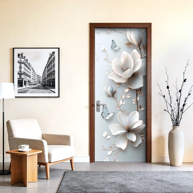 White Magnolia Door Mural, Butterfly Floral 3D Door Cover | Waterproof PVC, 30.3" W x 78.7" L; white magnolia design for bedroom, living room, office or closet doors. - Image 5