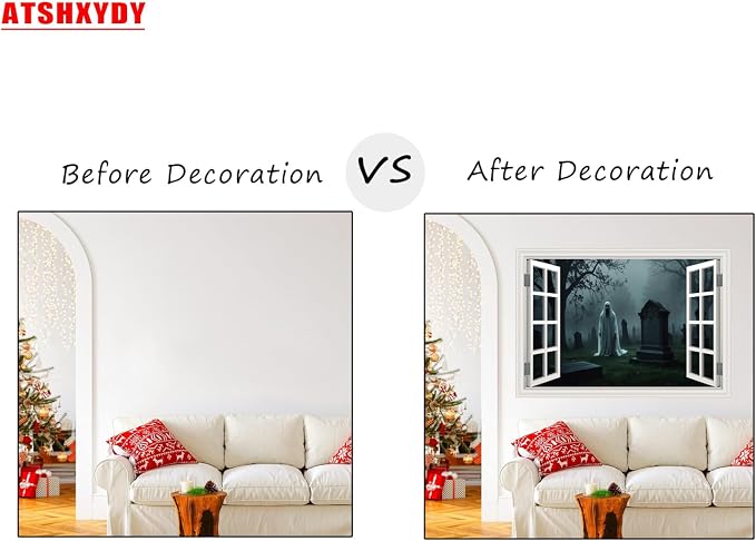 Halloween Fake Window Wall Decals Scary Cemetery Terror Art Poster Sticker | ｜Faux Window Terror Spooky Ghosts Mural ｜ Stick and Peel Wall Decal｜for Halloween Home Scene Decor｜24"x16" - Image 8