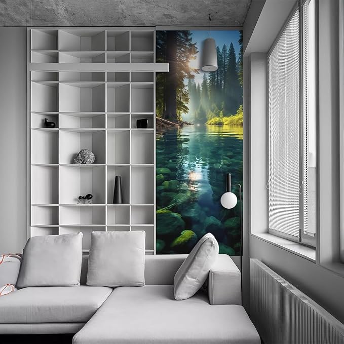 REDAMANCY Blue Green Forest River Jungle Landscape Peel and Stick Door Stickers Vinyl 3D Door Mural Decals Decor Modern Door Wallpaper Self-Adhesive, Waterproof, Removable - Image 6