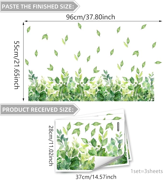 3 Pieces Green Leaves Wall Decals Vinyl Green Vines Wall Stickers Removable Art Murals Peel and Stick Leaves Decor for Girls Bedroom Living Room Nursery - Image 2