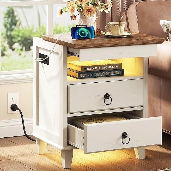 Yusong LED Night Stand with Gun Drawer, Bedside Table with Charging Station, Sofa Couch End Side Table with 2 Drawers ＆Open Shelf for Bedroom, White - Image 6