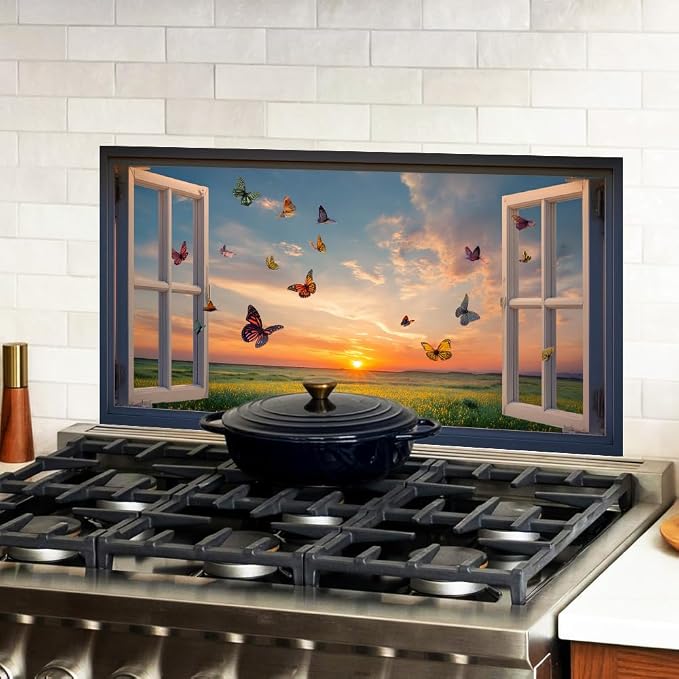 Butterfly Sunset Kitchen Backsplash Peel and Stick, 30x16 in | Colorful butterflies over golden sunset meadow through open window; flat 2D waterproof peel and stick; wipe clean; 30x16 in - Image 2