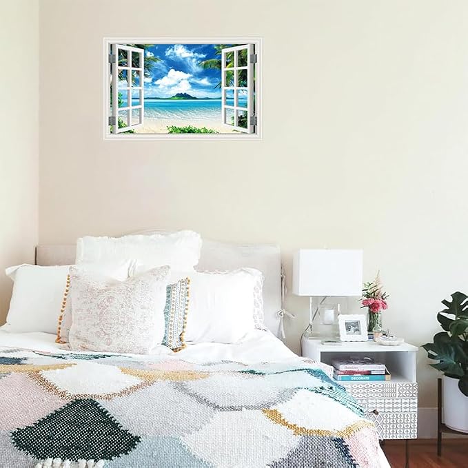‌Lmyhome Fake Window Wall Mural Blue Sky Ocean Beach (16"x24") | Peel and Stick Faux Window Wall Sticker Decal Poster for Bedroom Home Decor - Image 6