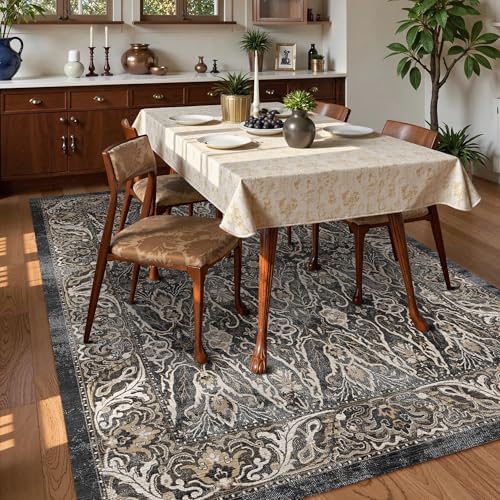 Washable Area Rug 5' x 7' Vintage Traditional Persian Mat - Foldable Distressed Non-Slip Machine Washable Carpet for Living Room Bedroom Kitchen Home Decor - Ebony and Taupe - Image 3