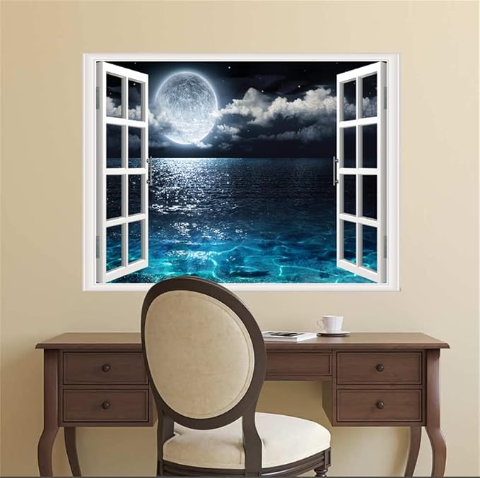 Self-Adhesive Wall Sticker Romantic Living Room Bedroom Study Office Decorative Wall Sticker Ocean Scenery Fake Window Sticker Mural (Moon Beach, 23.6"×35.4") - Image 6