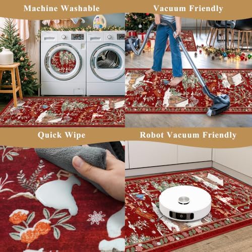 3-Piece Christmas Rug Set for Kitchen: Red Washable Throw Kitchen Mat Low Pile Soft Non-Slip with Rubber Backing for Sink Floor Mat ＆Holiday, Hallway, Entryway - Image 4