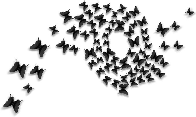 BBTO 48 Pcs 3D Butterfly Mirror Wall Decor,Black | Butterfly Stickers,3 Sizes,for Birthday Party Cake,Room Nursery Bathroom Wall Decor,Removable Peel Stick,Reflective - Image 2