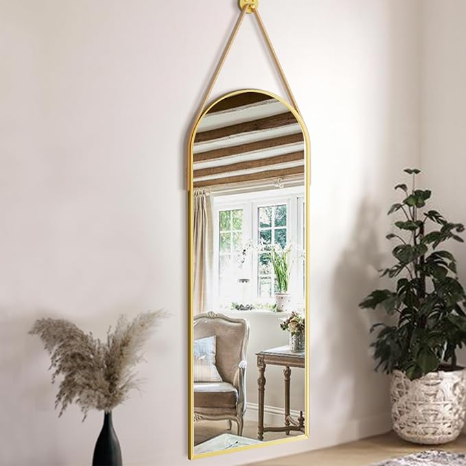 Dewfig 48"x16" Arched Full Length Mirror, Wall Mirror, Leather Strap, Gold - Image 4