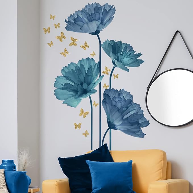 Runtoo Large Blue Flower Wall Decals Butterfly Floral Wall Stickers Backdrop for Living Room Bedroom Bathroom Wall Decor (Pack of 2) - Image 2