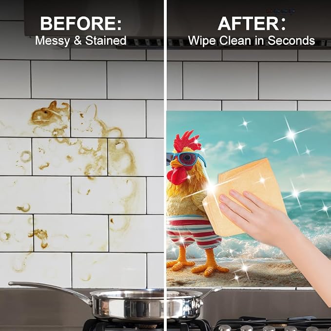 Funny Rooster Beach Kitchen Backsplash Peel and Stick, 30x16 in | Cartoon rooster in sunglasses and swim trunks on a sunny beach; flat 2D waterproof peel and stick; wipe clean; 30x16 in - Image 4
