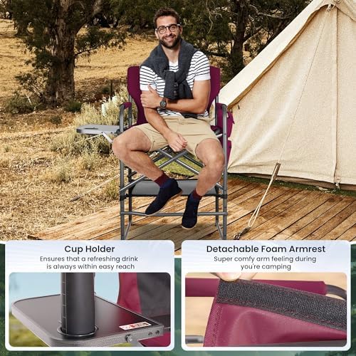 Tall Directors Chair 30" Seat Height, Bar Height Folding Chair with Side Table, Foldable Camping Chair with Side Pocket for Makeup Artist, Sports Event, Supports 400LBS - Red - Image 5