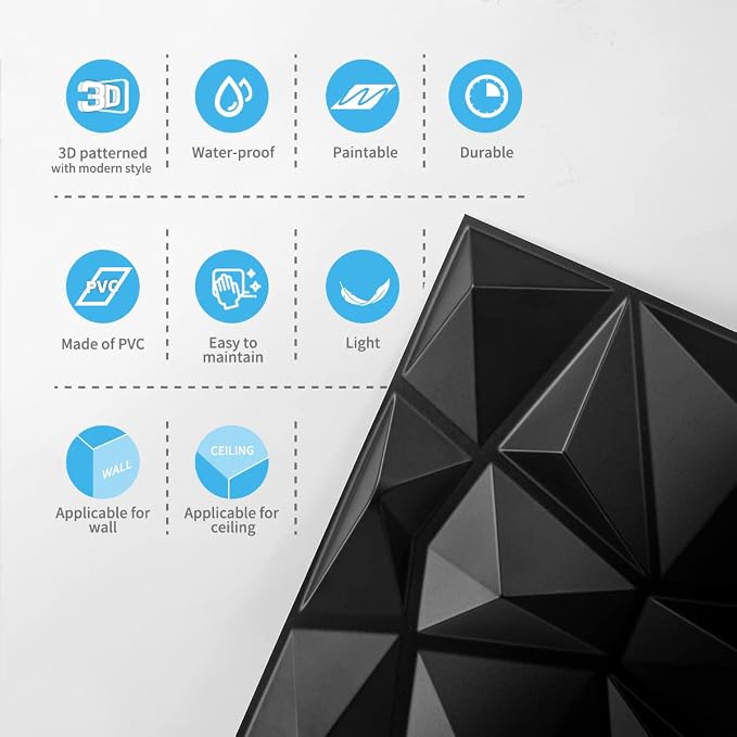 Art3d Decorative 3D Wall Panels in Diamond Design, 12"x12" Matt Black for Home and Office Decor (33 Pack) - Image 8