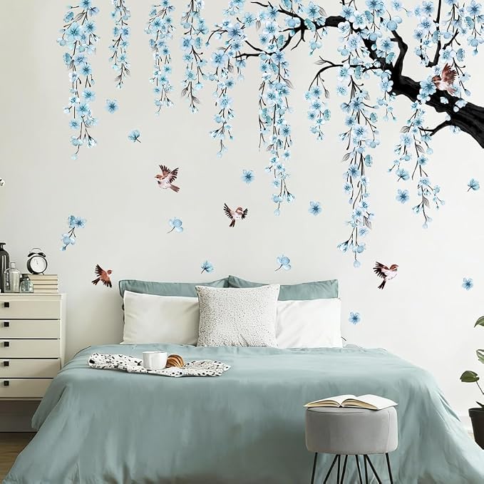 Large Flower Tree Branch Wall Decals Blue Hanging Vine Floral Wall Stickers Peel and Stick Wall Art Decals for Living Room Bedroom TV Background Girl Room Decor - Image 2