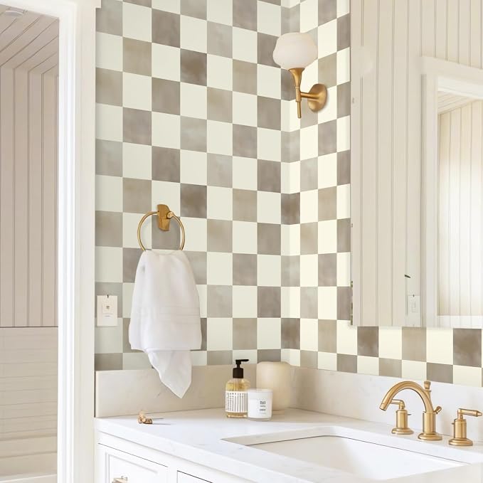 Ismoon Checkered Wallpaper Peel and Stick Neutral Mosaic Checkered Contact Paper 17.3in x 49.2ft Vintage Removable Self-Adhesive Wallpaper for Bathroom Bedroom Kitchen Shelf Liner Vinyl - Image 5