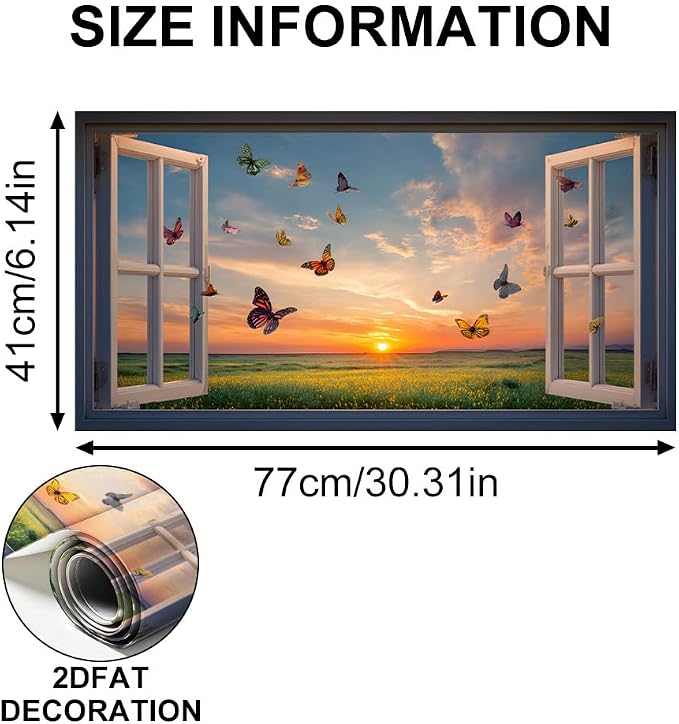 Butterfly Sunset Kitchen Backsplash Peel and Stick, 30x16 in | Colorful butterflies over golden sunset meadow through open window; flat 2D waterproof peel and stick; wipe clean; 30x16 in - Image 6