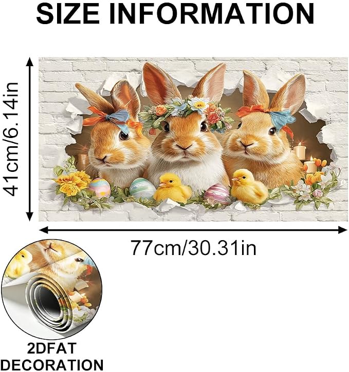 Easter Bunny Kitchen Backsplash Peel and Stick, 30x16 in | Flower-crowned bunnies bursting through brick wall with Easter eggs and chicks; flat 2D peel and stick; wipe clean; 30x16 in - Image 6