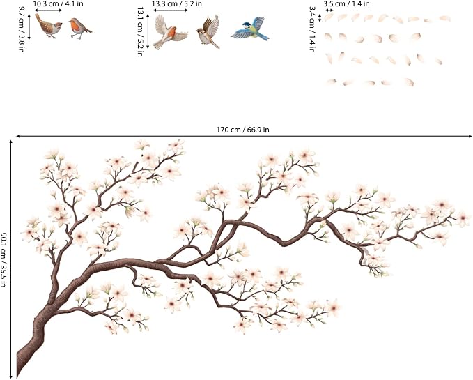 DECOWALL White Cherry Blossom Wall Stickers Decals Birds Branch (SG4-2213) | Peel and stick removable floral decor with petals and botanical art for living room, bedroom, nursery, office and staircase - Image 6