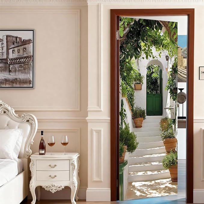 Garden Entry Door Mural, Green Cottage Archway Door Cover | Waterproof PVC, 30.3" W x 78.7" L; green garden archway scene for entryway, bedroom, hallway or office doors. - Image 3