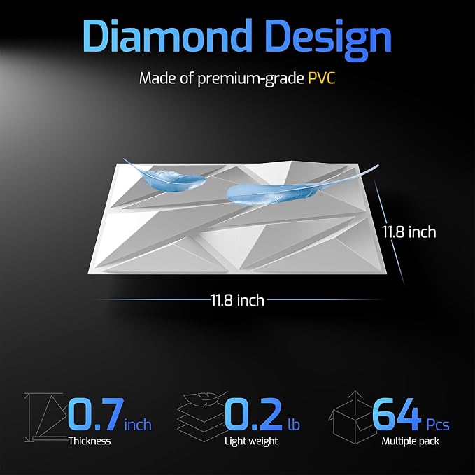 3D Wall Panels White 64 Pack (Covers 62 Sq.Ft), 12" x 12" Diamond Texture Premium PVC Wall Tiles for Interior Decor, Waterproof & Paintable Accent Paneling for Gaming Room, Living Room - Image 3