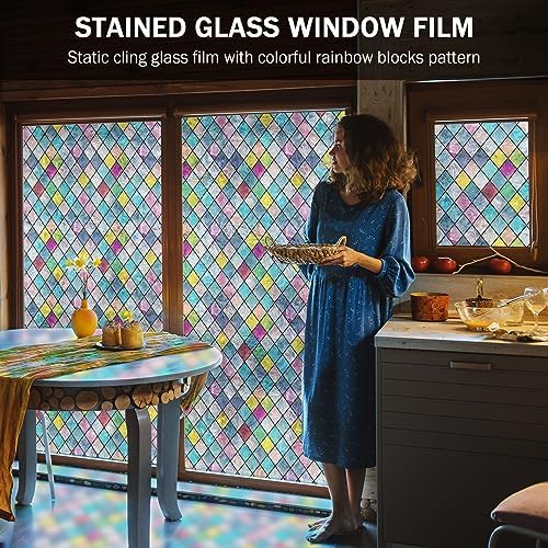 Stained Glass Window Film, Window Privacy Films, Colorful Lattice Window Tint, Rainbow Glass Decals Stickers for Home Anti UV 29.5x157.4 inches - Image 2
