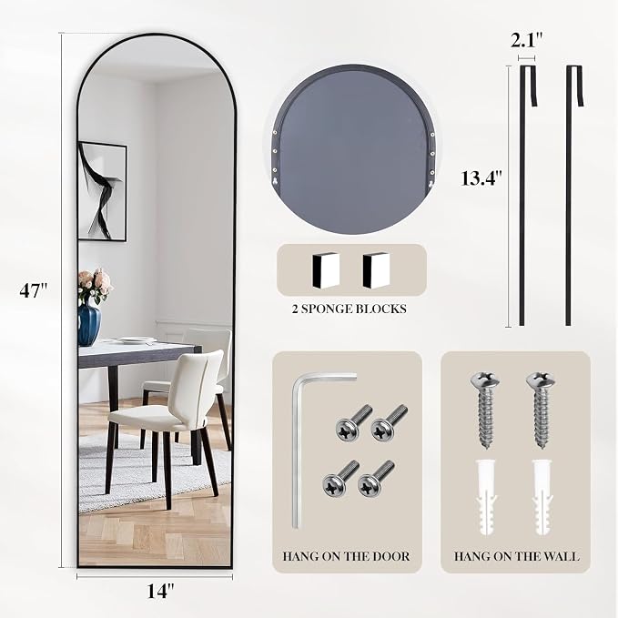 Black Arched Over The Door Mirror for Hanging, 47x14 Full Length Mirror - Image 3