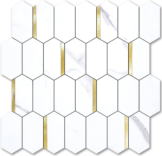 Vamos Tile Long Hexagon Peel and Stick Backsplash Tile - 10 Sheets Stick on Backsplash for Kitchen and Bathroom 12.4 x 12 Inch White Marble Look PVC Mixed Metal Gold Self Adhesive Mosaic Wall Tiles by VamosTile