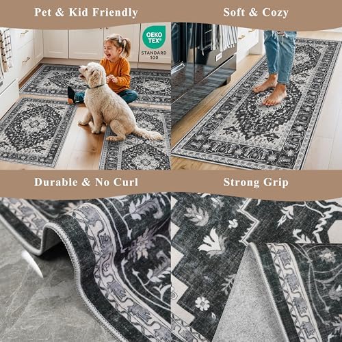 3-Piece Non-Slip Machine Washable Kitchen Rug Set with Runner – Soft Low Pile Thin Boho Kitchen Rugs for Hardwood Floor, Sink & Entryway, Pet-Friendly (Dark Grey, 2x3,2x4,2x5) - Image 5