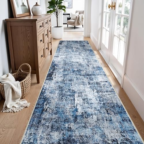 Rug Runners for Hallways 3x10 Non Slip– Washable Long Kitchen Runner, Low-Pile Thin Modern Abstract Floor Rug for Indoor Entryway, Bedroom, Living Room (Navy Blue) by ZHXXUJ