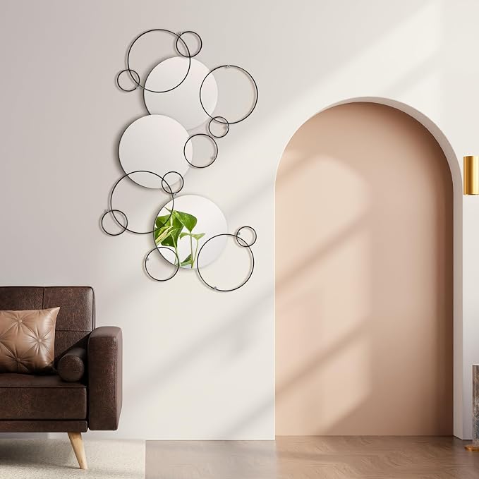 Hicarer 9 Pcs Split Decorative Wall Mirror Modern Black Wall Decor DIY Metal Wall Mirrors for Living Room Decor Circle Plates Overlapping Decorations Wall Decor Set for Hallway Entryway - Image 5