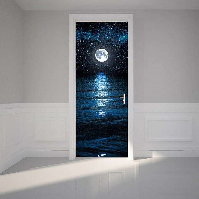 Door Stickers Peel Stick Murals-Wall Cover Decorative Decal Moonlit Sea | 30.3"W x 78.7"H, 3D Moonlit Sea Wallpaper，Waterproof Removable Opaque Vinyl Self Adhesive Fake Door Decor for Home Office by ChezMax