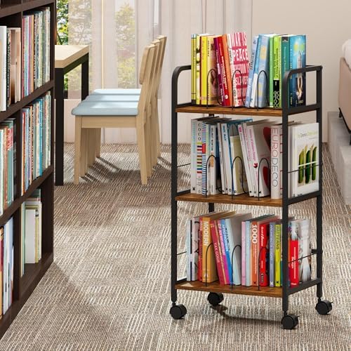 Feyejade Rolling Book Cart with Removable Dividers, 3-Tier File Cart with Wheels, Utility Storage Rack for Office, Home, Classroom, Art Supply Organizer, Binder and Laptop Shelf Rack - Image 2