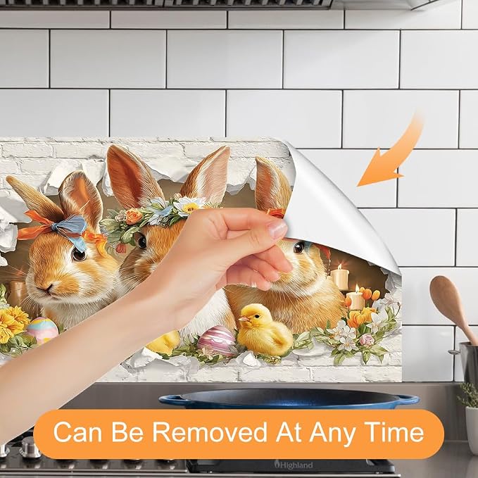 Easter Bunny Kitchen Backsplash Peel and Stick, 30x16 in | Flower-crowned bunnies bursting through brick wall with Easter eggs and chicks; flat 2D peel and stick; wipe clean; 30x16 in - Image 3