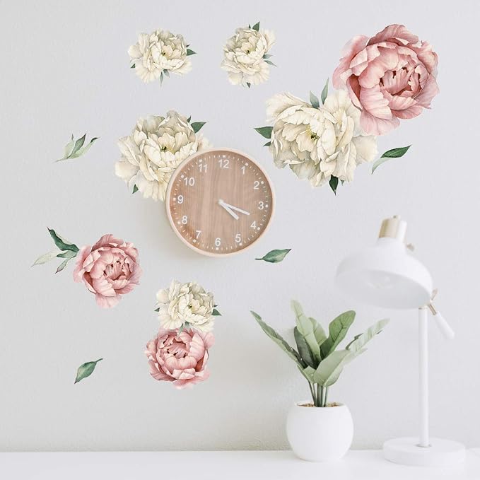Peony Watercolor Wall Decals (Vintage Pink Watercolor) - Botanical Decor Sticker Flowers - Floral Bedroom Decals for Girls Room - Soft Flower Peonies Wall Decor Bedroom with Test Sample by DesignStickers