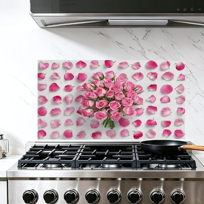 Pink Rose Floral Kitchen Backsplash Peel and Stick, 30x16 in | Pink rose bouquet surrounded by scattered petals on white; flat 2D waterproof peel and stick; wipe clean; 30x16 in by JOYHAUE