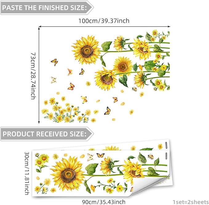 Sunflower Wall Decals Peel and Stick with Butterflies, Large Removable Sunflower Wall Stickers, Floral Wall Decor for Bedroom Living Room Nursery Office Cafe - Image 2