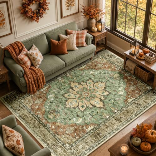 RELEANY Washable Area Rug, 5'x7', Brick/Brown/Green - Image 2
