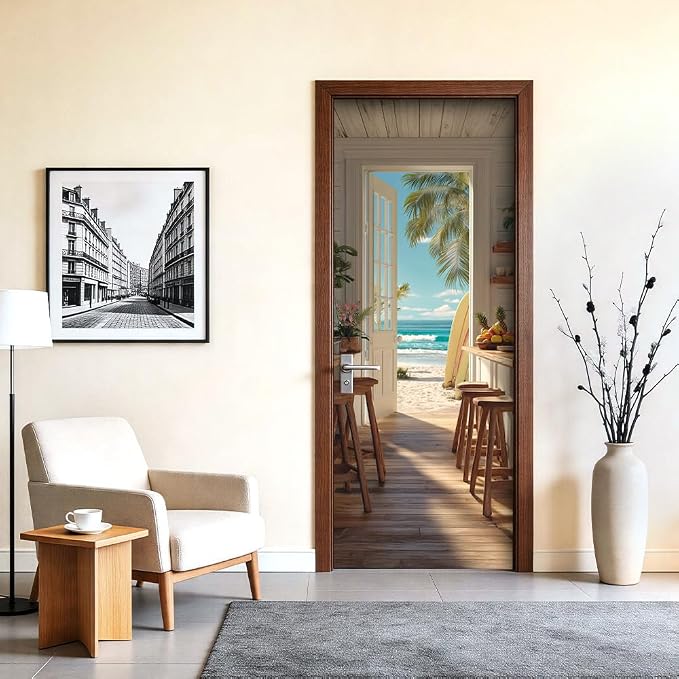 Beach View Door Mural, Open Door Coastal Scene Decor | Peel-and-stick vinyl door decal, self-adhesive home decor wallpaper, 30.3" W x 78.7" L, 2-pack - Image 2