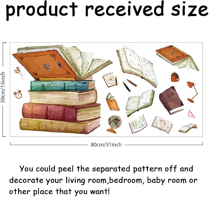 SUPERDANT Magic Book Wall Decals Stickers with Flying Book School Bag Scissors for Bedroom Wall Mural Ruler Globe Decor for Library Reading Room Classroom Wallpaper Decor Birthday Gift Back to School - Image 2